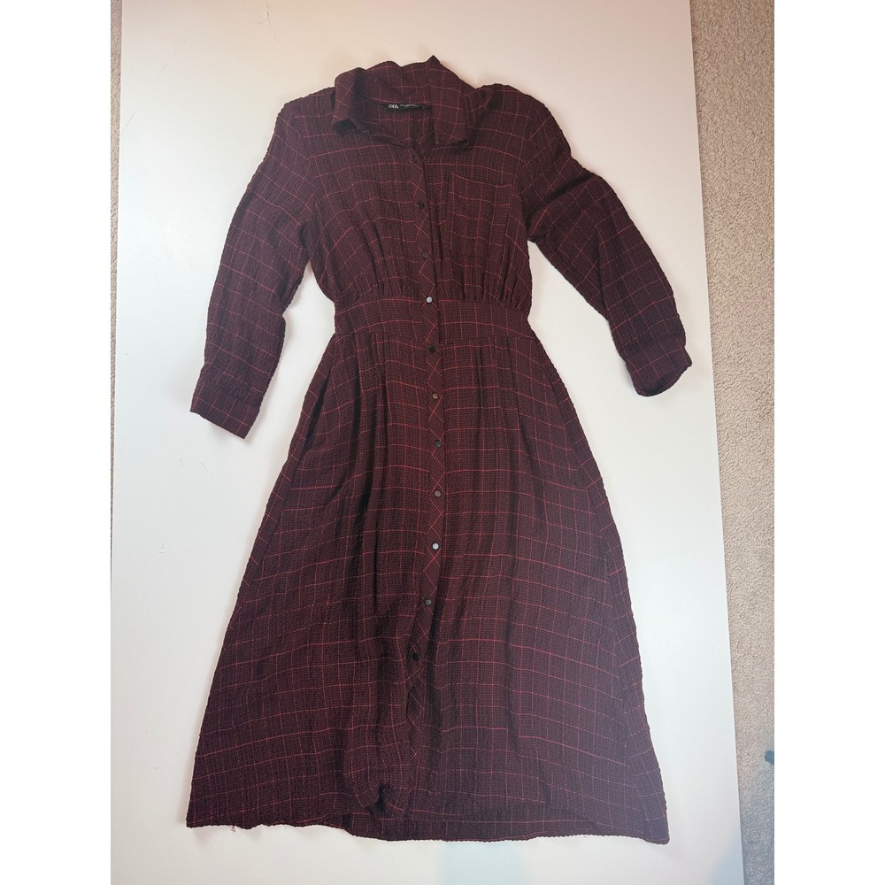Zara Womens XS Burgundy Plaid Button Front Midi Shirt Dress Long Sleeve Textured